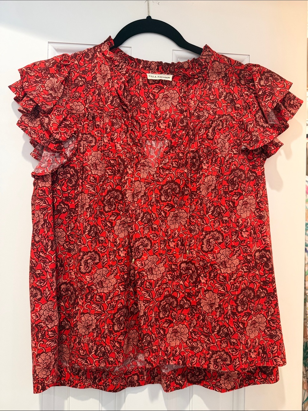 Ulla Johnson Mari Red Floral Ruffle-Sleeve Blouse